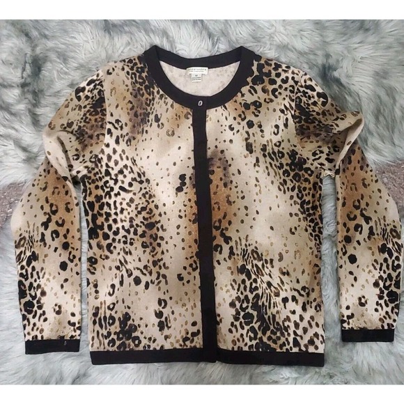 Investments Fine Cashmere Med Hidden Buttons Brown Leopard Cardigan Sweater - Picture 2 of 11